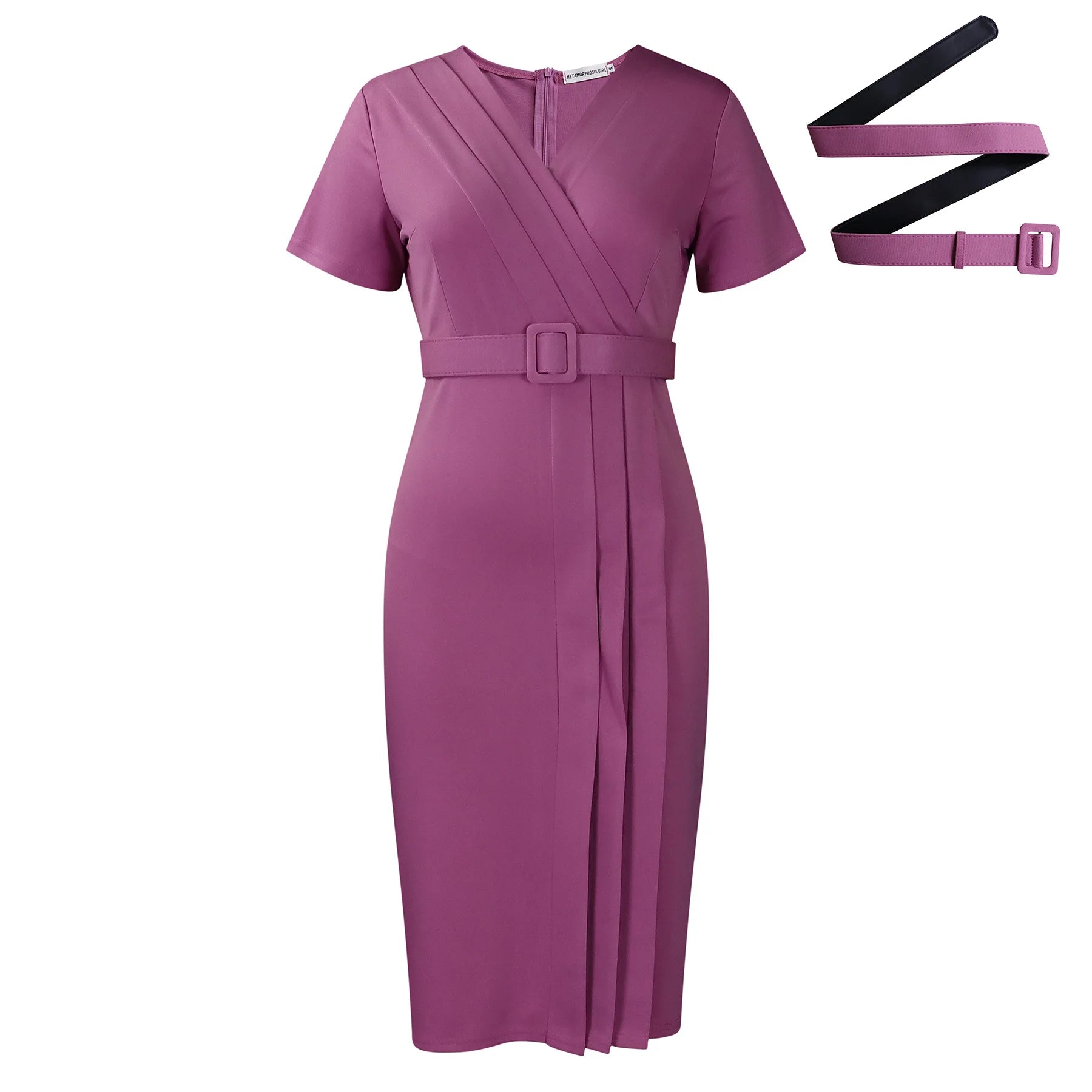 Women's 2024 summer new short-sleeved V-neck waist solid color Tongle fashion dress SHOWLU FASHION STORE