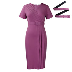 Women's 2024 summer new short-sleeved V-neck waist solid color Tongle fashion dress SHOWLU FASHION STORE
