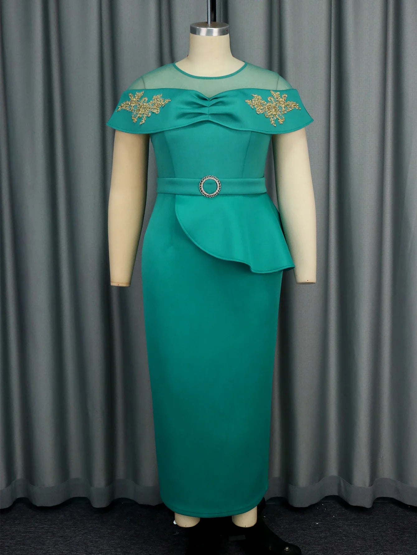 AOMEI Elegant Green Long Dresses Women O Neck Cape Sleeve Appliques Sheath Peplum Package Hip Evening Birthday Banquets Outfits SHOWLU FASHION STORE