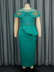 AOMEI Elegant Green Long Dresses Women O Neck Cape Sleeve Appliques Sheath Peplum Package Hip Evening Birthday Banquets Outfits SHOWLU FASHION STORE