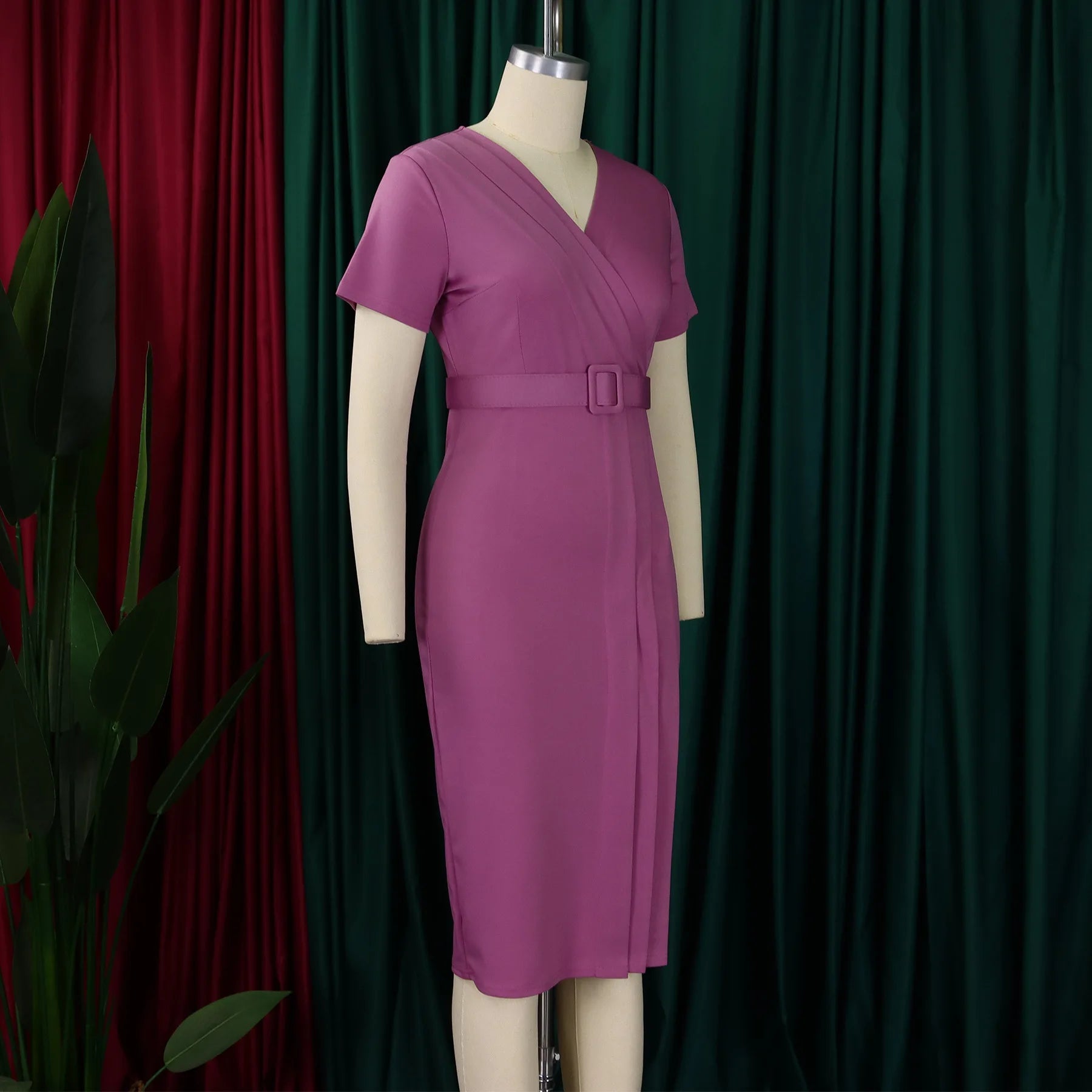 Women's 2024 summer new short-sleeved V-neck waist solid color Tongle fashion dress SHOWLU FASHION STORE