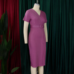 Women's 2024 summer new short-sleeved V-neck waist solid color Tongle fashion dress SHOWLU FASHION STORE