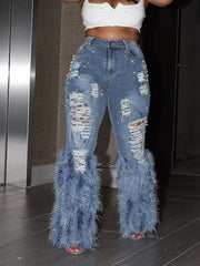 Fashion Women's Jeans Tassel Holes Vitnage Feather High Waist Y2K Streetwear Casual Denim Pant Spring Skinny Hollow Out Trousers SHOWLU FASHION STORE
