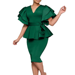 Women Short Sleeve V-Neck Ruffle Sleeve Peplum Bodycon Midi Dress 2025 Latest Fashion Summer African OL Work Evening Party Dress