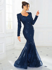Romagic Long Sleeves Sweetheart Neck A Line Mesh Formal Evening Dress Floor Length Women Prom Party Dresses Winter SHOWLU FASHION STORE