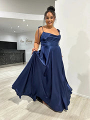 2024 New 3 Styles Simple Satin Bridesmaid Dress Cowl Neckline with Tieing Thin Straps Evening Dress Leg Slit  A-line Prom Dress SHOWLU FASHION STORE