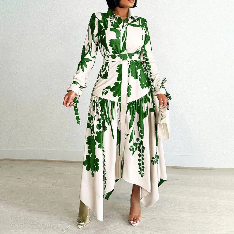 Elegant Printed Dresses Woman 2024 Turn Down Collar Single Breasted Full Sleeve Asymmetric Ankle Length Fashion Birthday Dress SHOWLU FASHION STORE