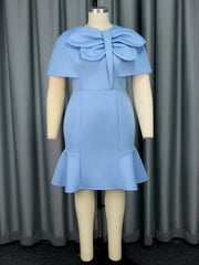 2024 Blue Mini Dress with Round Neck Open Sleeves High Waist Hip Hugging Ruffled Edges Evening Dress AOMEI Summer Women Clothing SHOWLU FASHION STORE