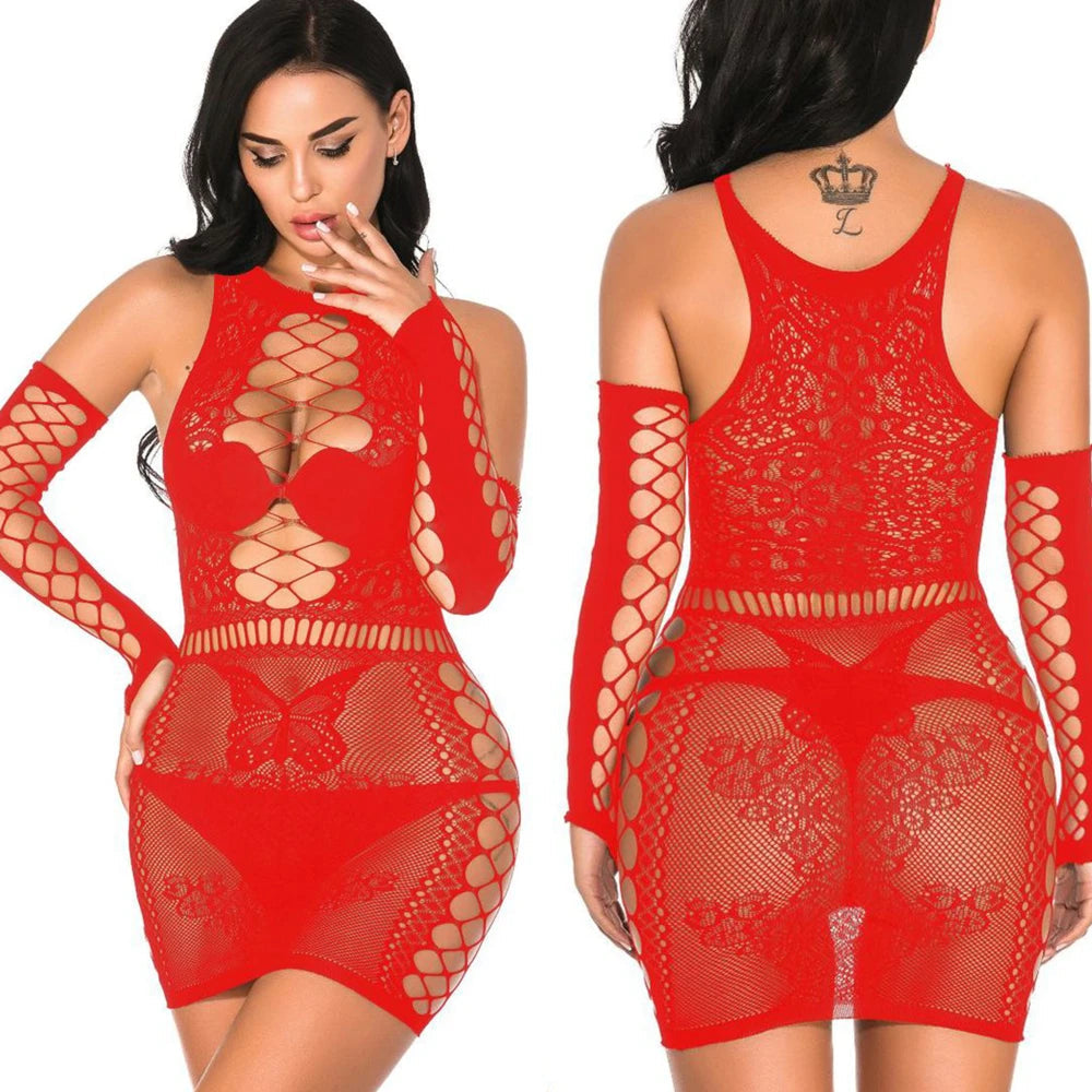 Fat Plus Size Dress Lady Lingerie Erotic Open Cup Crotchless Halter Costumes Sleeve Fishnet Backless Buttock Sexy Women Games SHOWLU FASHION STORE
