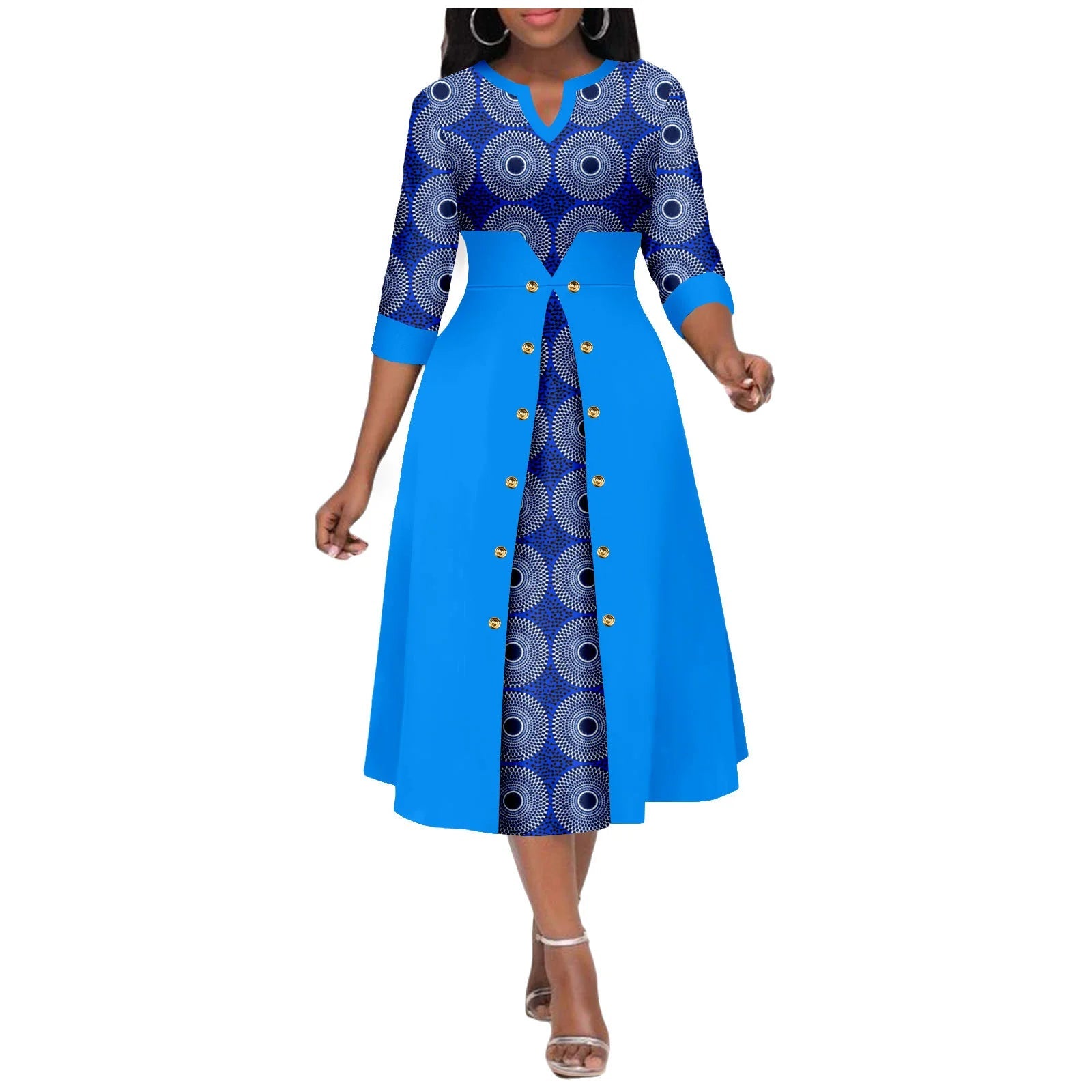 Africa Ankara Printed Fabric Women's Dress V Neck Sexy Double Hem Splicing Clash Color Model Skirt 2425190 SHOWLU FASHION STORE