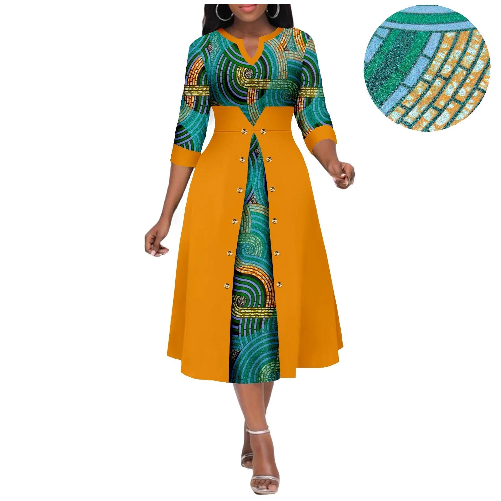 Africa Ankara Printed Fabric Women's Dress V Neck Sexy Double Hem Splicing Clash Color Model Skirt 2425190 SHOWLU FASHION STORE