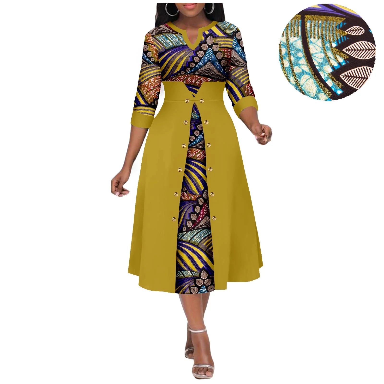 Africa Ankara Printed Fabric Women's Dress V Neck Sexy Double Hem Splicing Clash Color Model Skirt 2425190 SHOWLU FASHION STORE