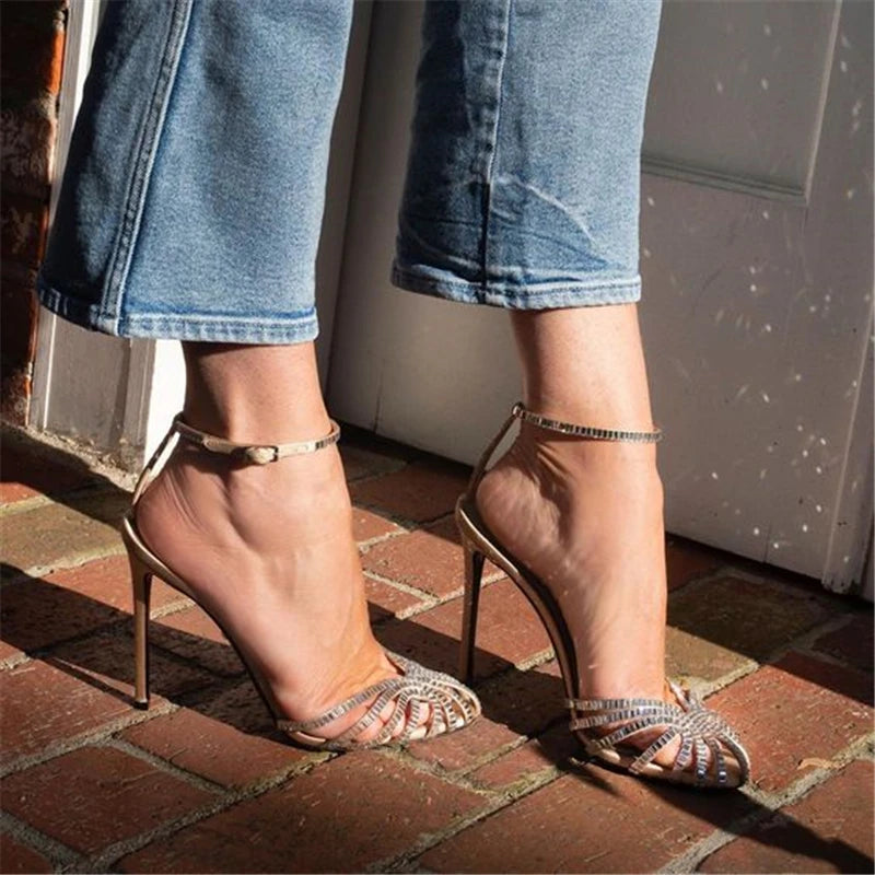 Sexy Crystal Women Gladiator Sandals Ankle Strap High Heels Hollow Out Party Dress Shoes Closed Toe Stiletto Ladies Pumps SHOWLU FASHION STORE