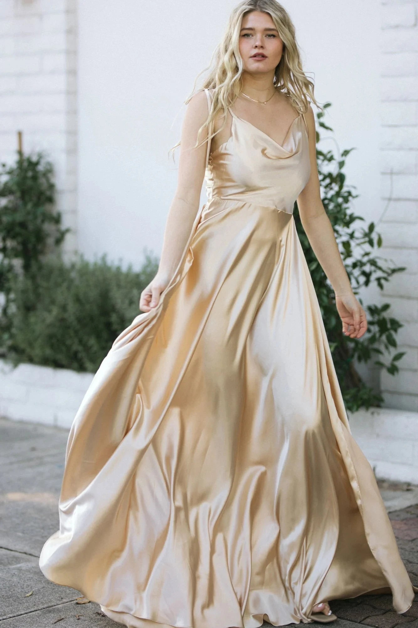 2024 New 3 Styles Simple Satin Bridesmaid Dress Cowl Neckline with Tieing Thin Straps Evening Dress Leg Slit  A-line Prom Dress SHOWLU FASHION STORE