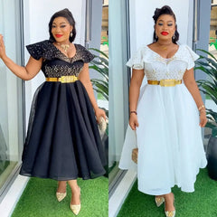 Elegant Summer Short Sleeve Dress Glitter Rhinestone Evening Party Slim Dresses A-Line Gown Women African Clothes L-3XL