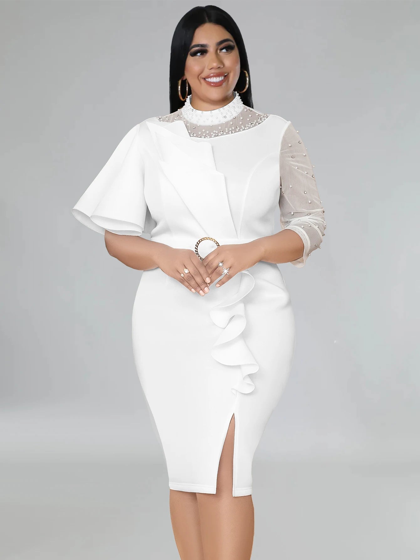 Plus Size White Dress for Women O Neck Beading Patchwork Peplum Bodycon Evening Birthday Event Party Gowns 4XL Outfits Summer SHOWLU FASHION STORE