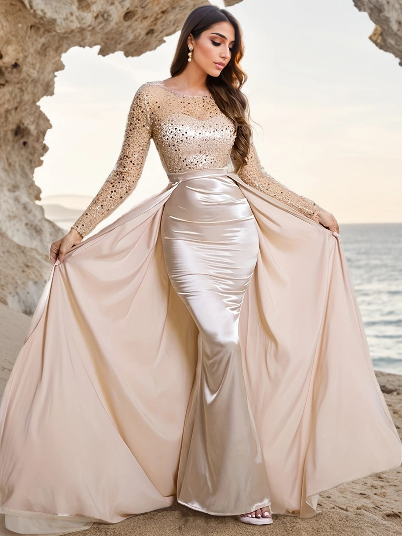 Modest O Neck Sheer Long Sleeves Evening Formal Dress Sequined Elegant Detachable Train Mermaid Women Wedding Party Dresses SHOWLU FASHION STORE