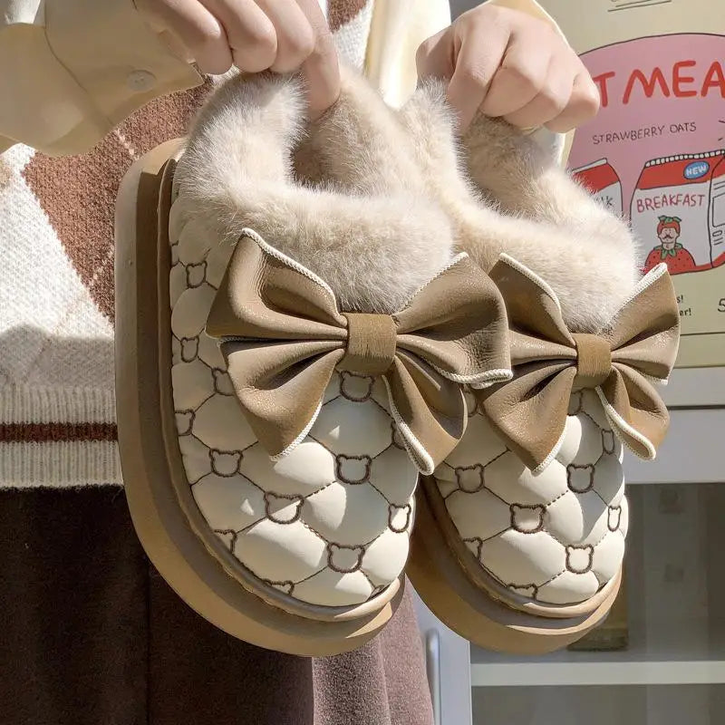 Platform Ankle Boots Female Bowknot Designer Winter Snow Booties Indoor Fluffy Slippers Women House Flats Fashion Footwear Warm SHOWLU FASHION STORE