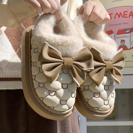 Platform Ankle Boots Female Bowknot Designer Winter Snow Booties Indoor Fluffy Slippers Women House Flats Fashion Footwear Warm SHOWLU FASHION STORE