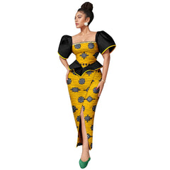 Africa Ankara Printed Women's Dress Short Sleeve Patchwork Square Neck Bubble Sleeve Split Dresses 2425186 SHOWLU FASHION STORE