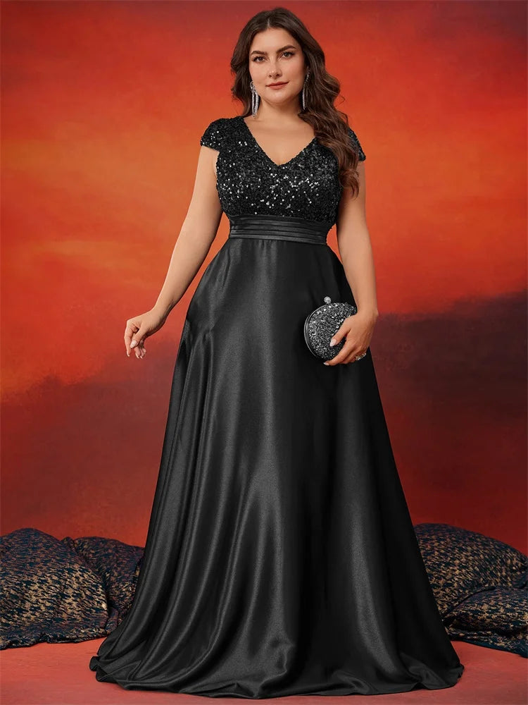 XUIBOL Plus Size Elegant V-Neck Green Sequin Evening Dress Long Luxury Women Satin Short Sleeves Party Prom Cocktail Dress SHOWLU FASHION STORE