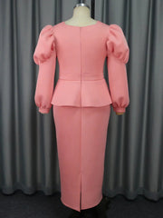 Pink Long Dresses for Women Long Sleeve High Waist Ruffles Peplum Package Hip Evening Banquets Birthday Party Outfits 2024 New SHOWLU FASHION STORE