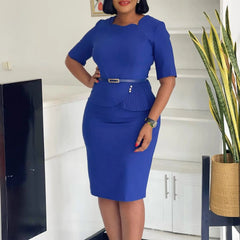 2024 Autumn Winter New Dress for Woman Square Neck Half Sleve Sheath Package Hips Belt Waisted Formal Work Bodycon Dress Midi OL SHOWLU FASHION STORE