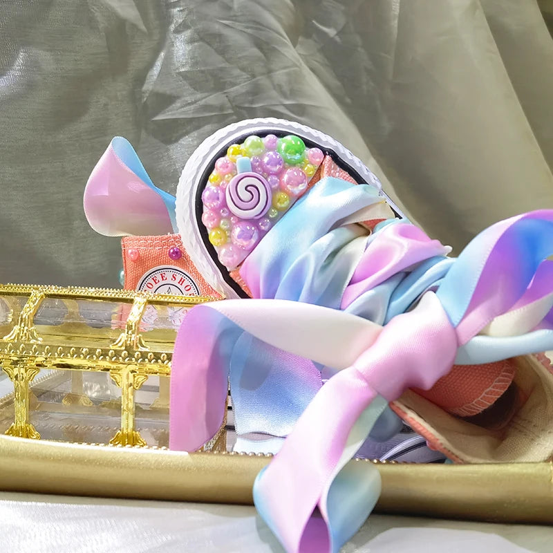 Random Lollipop Rainbow Candy Canvas Simulation DIY Kids Pearls Sneakers For Girl Birthday Party Dollbling Handmade Bling Shoes SHOWLU FASHION STORE
