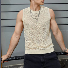 Beach Tops For Men Men'S Knitted Hollowed Out Vest Crew Neck Sleeveless Male Clothes With Designs Camiseta Sin Mangas Hombre SHOWLU FASHION STORE