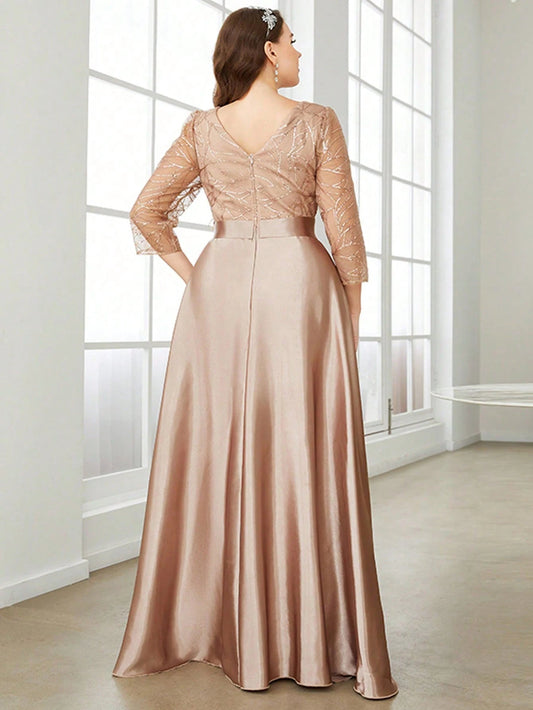 Mgiacy Crew neck long sleeve sequin patchwork satin long gown ball dress Party dress Bridesmaid dress SHOWLU FASHION STORE