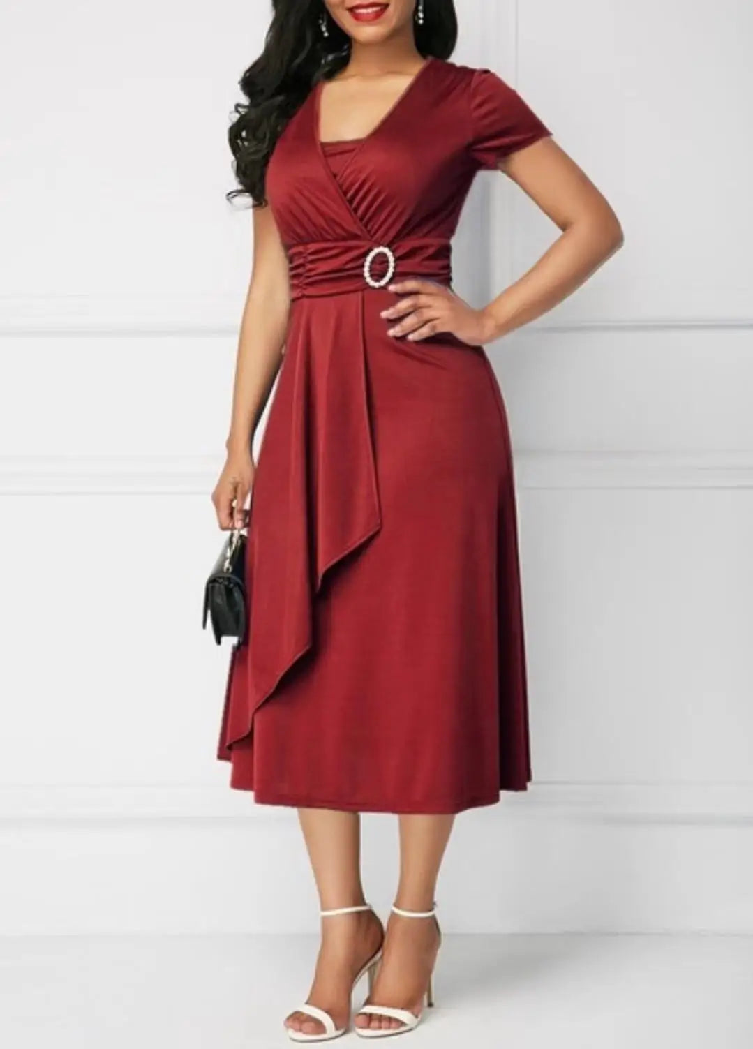 Summer Dresses Elegant Women Solid Color Short Sleeve V Neck Asymmetric Hem Waist Tight Midi Party Dress Ladies Evening Vestidos SHOWLU FASHION STORE