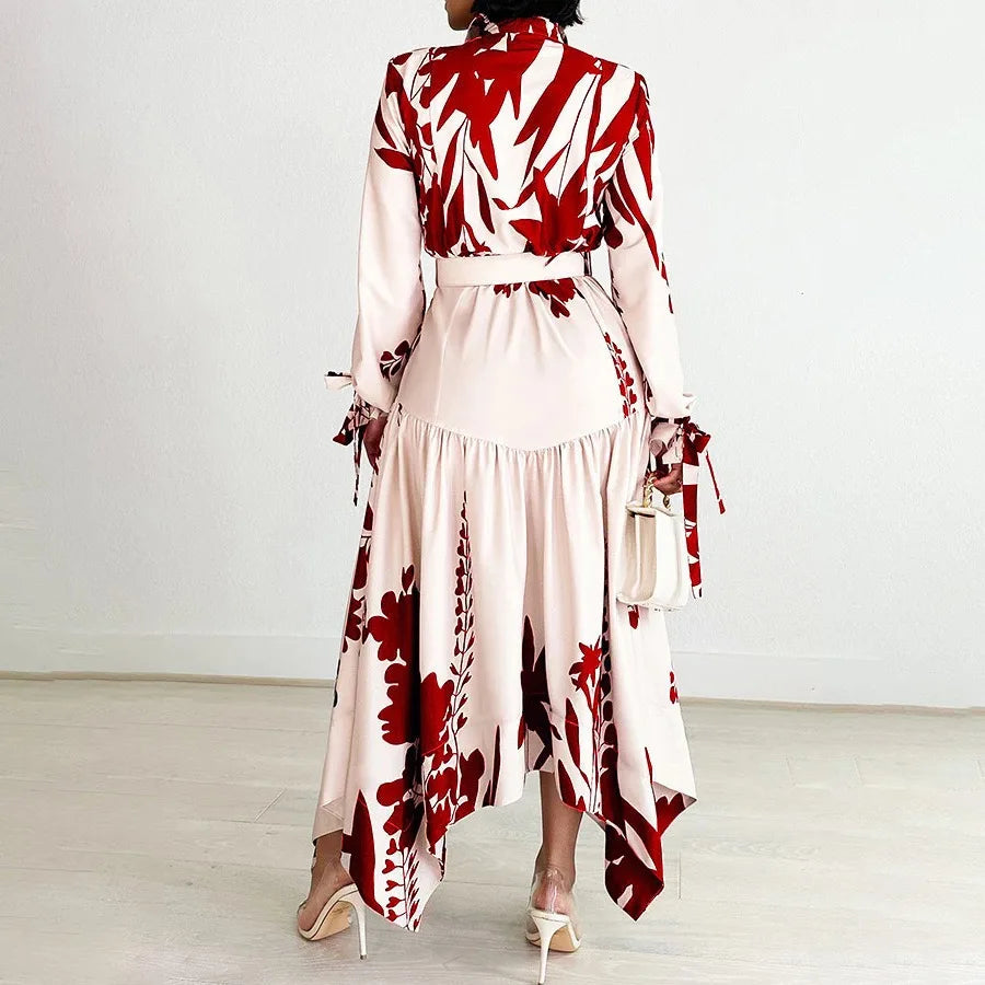 Elegant Printed Dresses Woman 2024 Turn Down Collar Single Breasted Full Sleeve Asymmetric Ankle Length Fashion Birthday Dress SHOWLU FASHION STORE