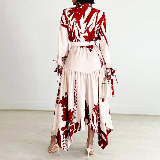 Elegant Printed Dresses Woman 2024 Turn Down Collar Single Breasted Full Sleeve Asymmetric Ankle Length Fashion Birthday Dress SHOWLU FASHION STORE