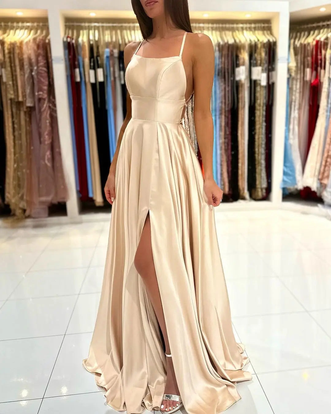 2024 New 3 Styles Simple Satin Bridesmaid Dress Cowl Neckline with Tieing Thin Straps Evening Dress Leg Slit  A-line Prom Dress SHOWLU FASHION STORE