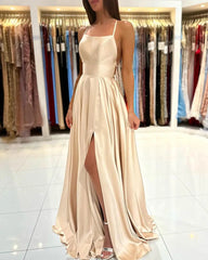 2024 New 3 Styles Simple Satin Bridesmaid Dress Cowl Neckline with Tieing Thin Straps Evening Dress Leg Slit  A-line Prom Dress SHOWLU FASHION STORE