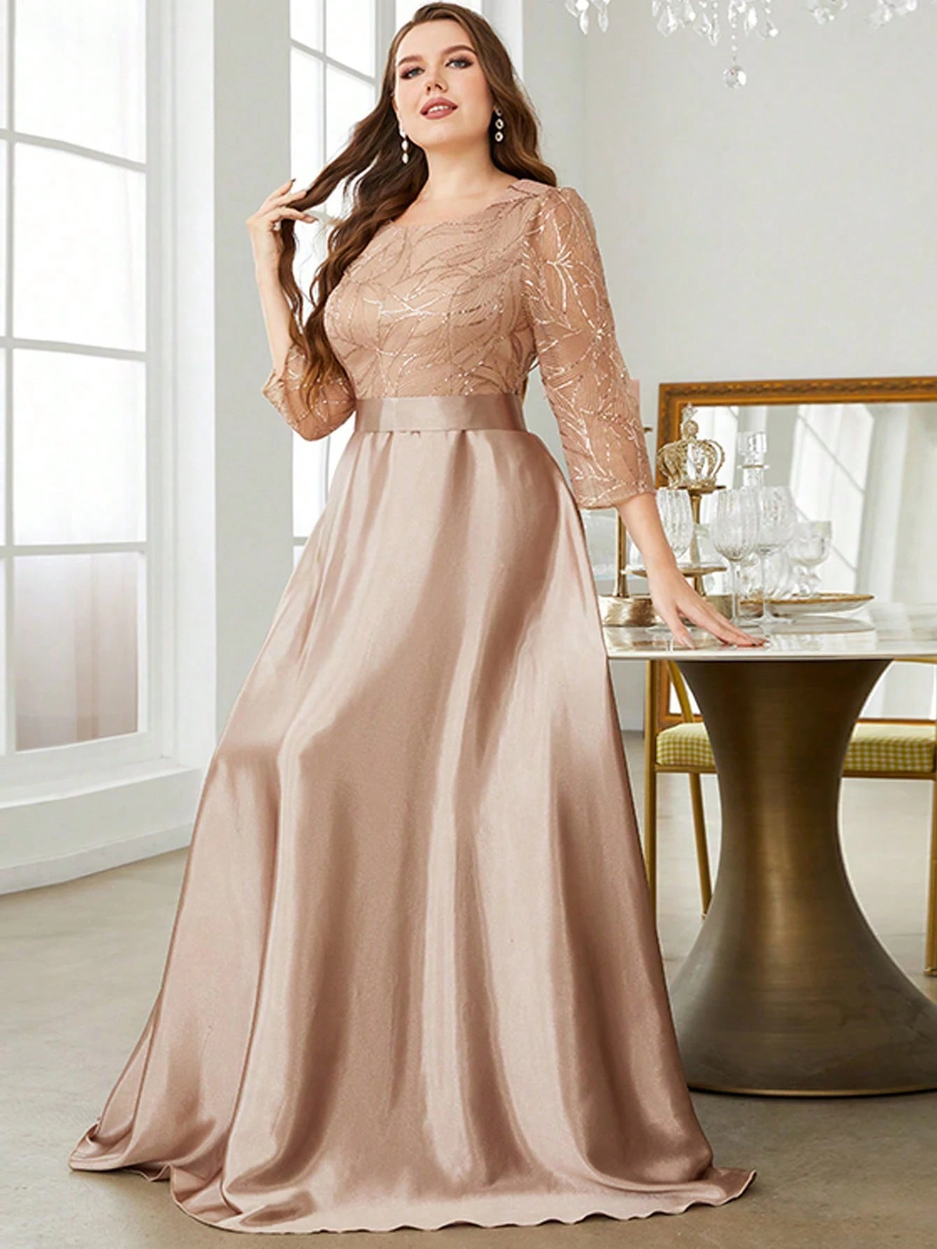 Mgiacy Crew neck long sleeve sequin patchwork satin long gown ball dress Party dress Bridesmaid dress SHOWLU FASHION STORE