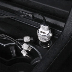 USB Car Charger Pink Crystal Diamond 5V 2.1A Dual Port Fast Charging Adapter 3 in 1 Charging Cable for IPhone Samsung Huawei
