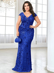 Lucyinlove Plus Size Elegant Blue Evening Dress For Women 2024 Luxury Long Mermaid Formal Sequins V-neck Prom Wedding Party Gown SHOWLU FASHION STORE