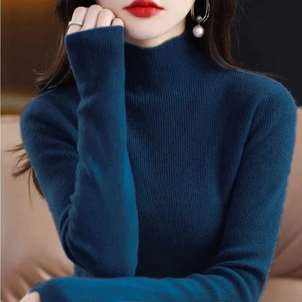 Temperament Pleated Pullover Sweater For Women Long-Sleeve Female S-2XL Siz Half High Collar Underlay Sleeve Sweater Slim Fit SHOWLU FASHION STORE