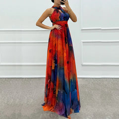 Vintage Pattern Printed Sleeveless Party Dress Casual High Waist Bohemian Dresses New Sexy Halter Hollow Out Women's Long Dress