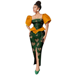 Africa Ankara Printed Women's Dress Short Sleeve Patchwork Square Neck Bubble Sleeve Split Dresses 2425186 SHOWLU FASHION STORE