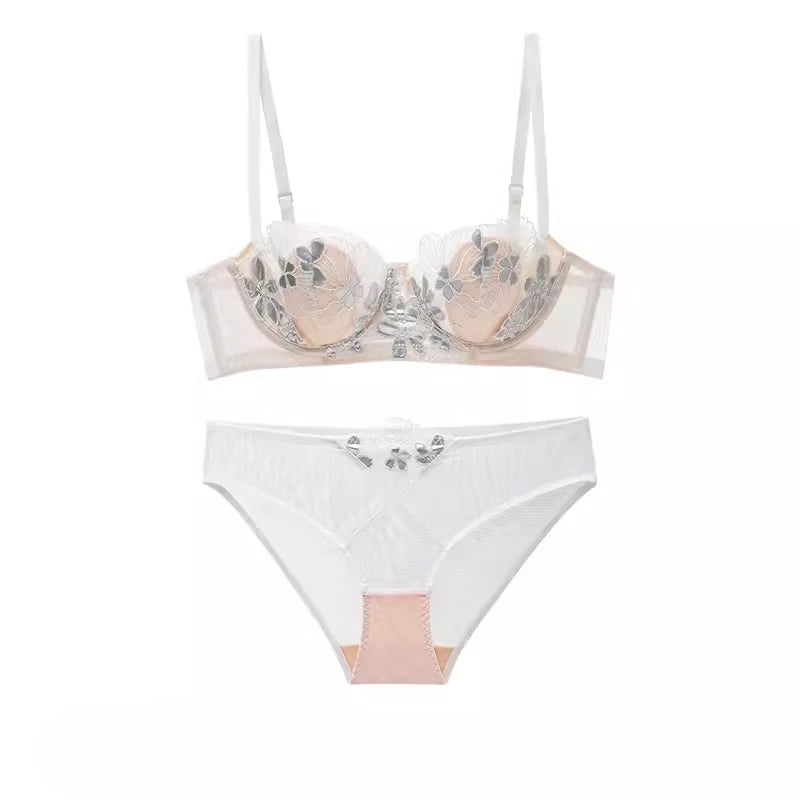 Rabbit Ears Big Chest Small Thin Bra French Underwear Soft Underwire Sexy European and American Embroidery Bra Set for Women SHOWLU FASHION STORE