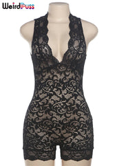 Weird Puss Lace v-Neck See-Through Rompers Woman Summer Sexy Thin Solid Sleeveless Low-Neck Stretch Peach Hip Skinny Playsuit