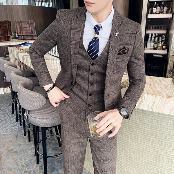 S-7XL (Jacket+Vest+Pants) Fashion Boutique Lattice Formal Business Mens Suit 3Pcs Set Groom Wedding Dress Plaid Suit Show Stage SHOWLU FASHION STORE