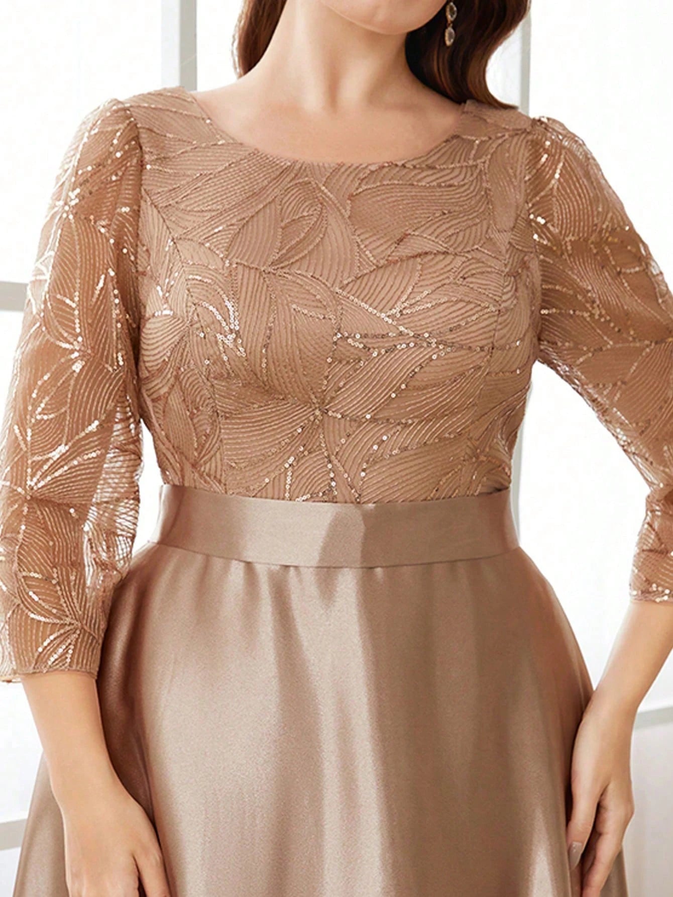 Mgiacy Crew neck long sleeve sequin patchwork satin long gown ball dress Party dress Bridesmaid dress SHOWLU FASHION STORE