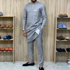 African Ethnic Mens Casual Set 2 Piece Long Sleeve Solid Patchwork Shirt Pants Comfy Loungewear Outfit 2024 New Autumn