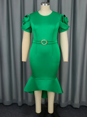 Retro Women's Slim Fit Dress Green Three-dimensional Rose Short Sleeved Slim Fit Mid Waist Professional Business Midi Dresses