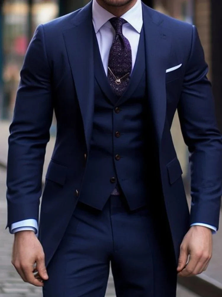 Navy Blue 3 Pieces Casual Male Suits Slim Fit Notched Lapel Formal Best Men Wedding Groom Wear Blazer Tuxedos Trajes De Hombre SHOWLU FASHION STORE