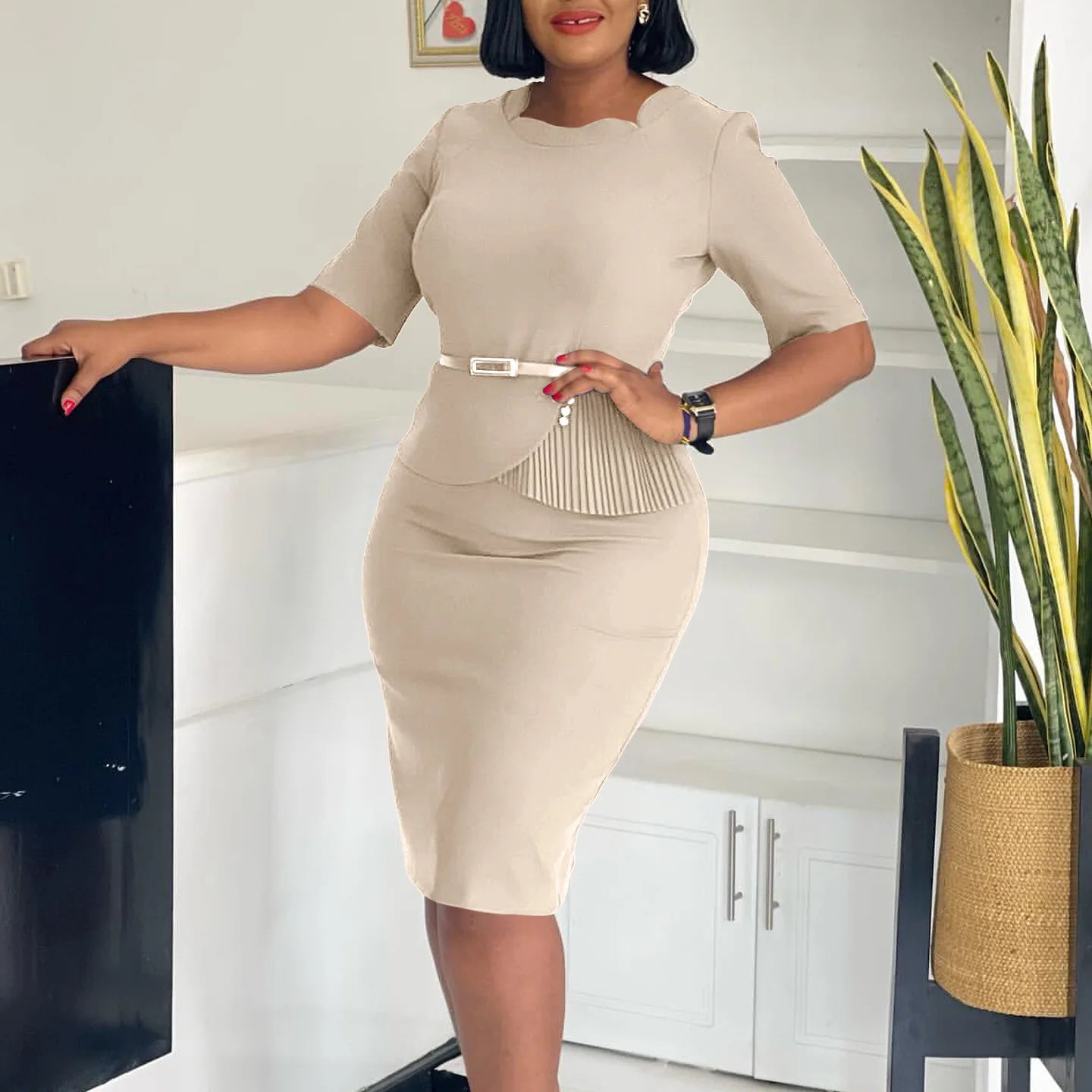 2024 Autumn Winter New Dress for Woman Square Neck Half Sleve Sheath Package Hips Belt Waisted Formal Work Bodycon Dress Midi OL SHOWLU FASHION STORE