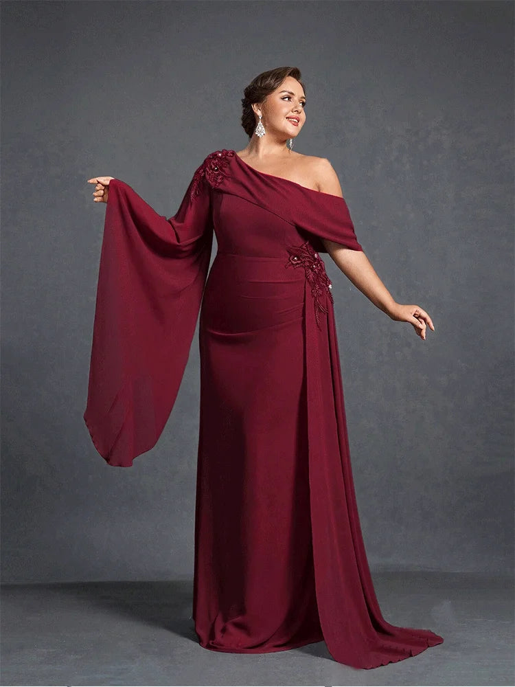 Plus Size Strapless Apricot Chiffon Floor-Length Evening Dress 4xl 5xl Luxury Chiffon Bridesmaid Floor-Length Prom Gown Women SHOWLU FASHION STORE